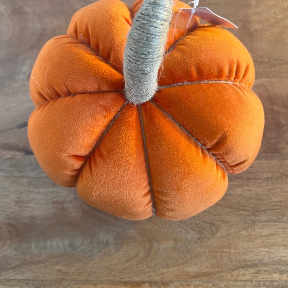 Rust Yellow set Velvet Pumpkin Pillow Fall Decoration, Faux Jute Stem